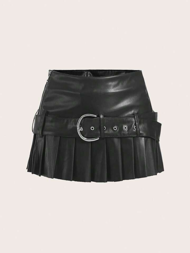 SHEIN ICON Solid Patent Belted Skirt | SHEIN