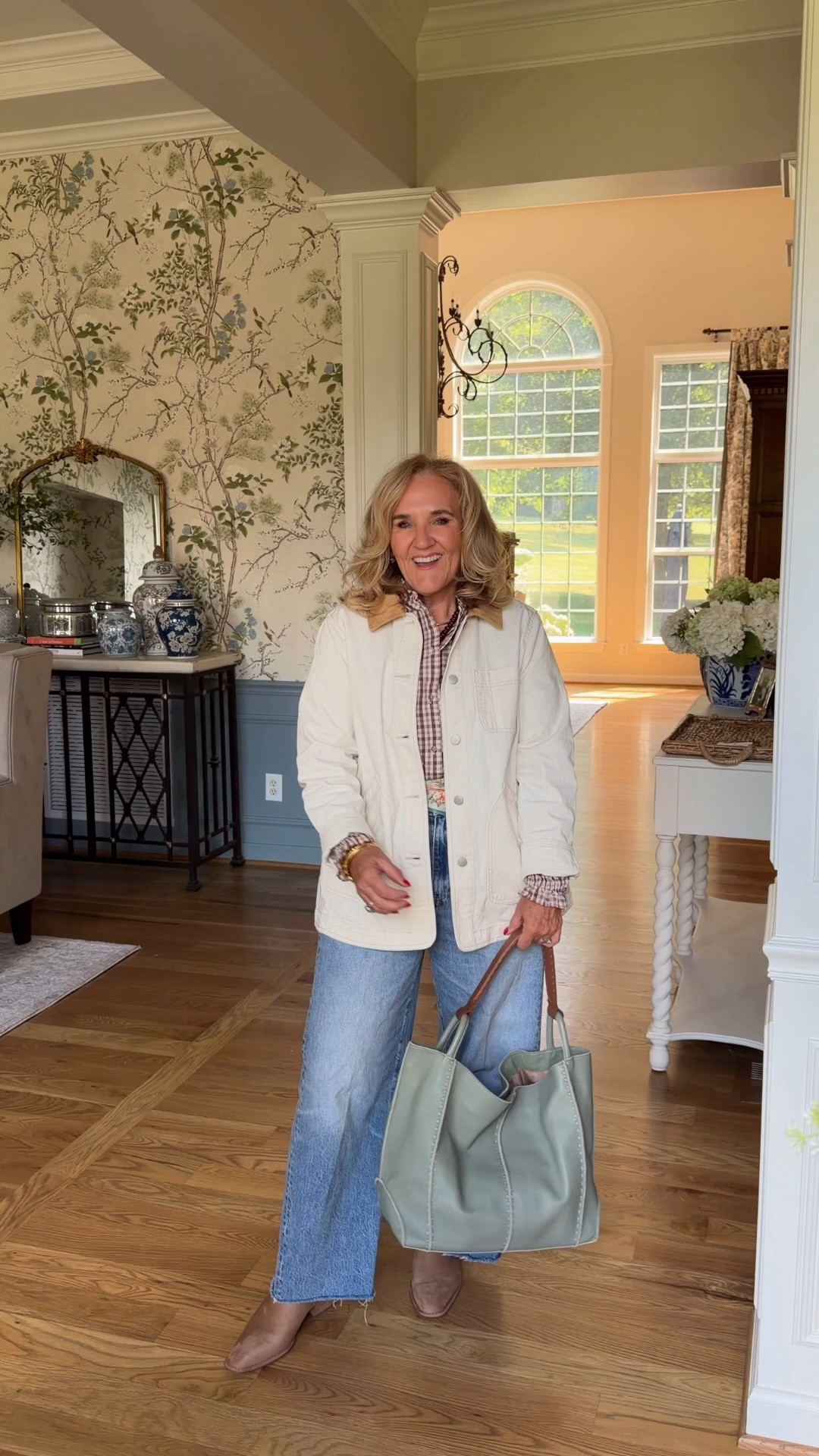 Barn jacket medium 
Plaid blouse medium 
Jeans 29 found on sale
Check out this silk scarf that I found it’s beautiful and worth the weight
My bag comes in this large size, but also in a medium size

#LTKootd #LTKOver40 #LTKPetite

#LTKOver40 #LTKSeasonal #LTKootd