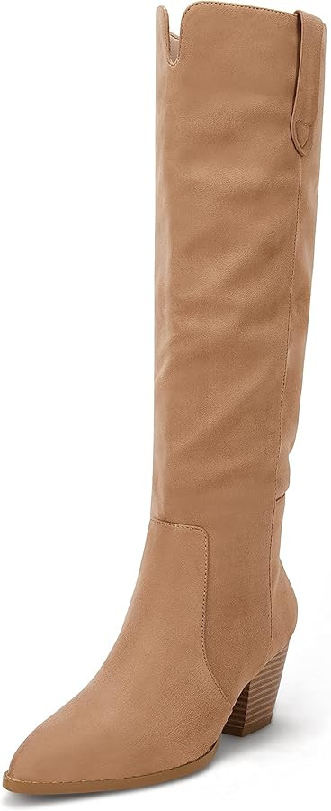 Coutgo Womens Knee High Boots Chunky Block Mid Heel Pointed Toe Fall Winter Riding Boots | Amazon (US)