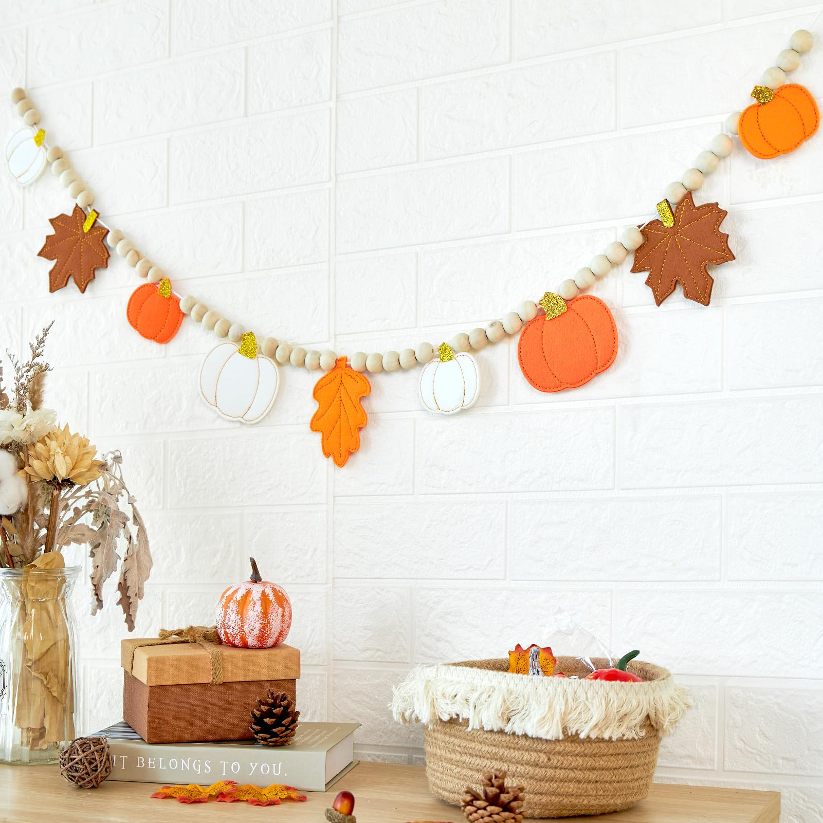Fall Decorations for Home Felt Pumpkin Garland and Wood Bead Felt Pumpkins Hanging Garland Maple ... | Amazon (US)