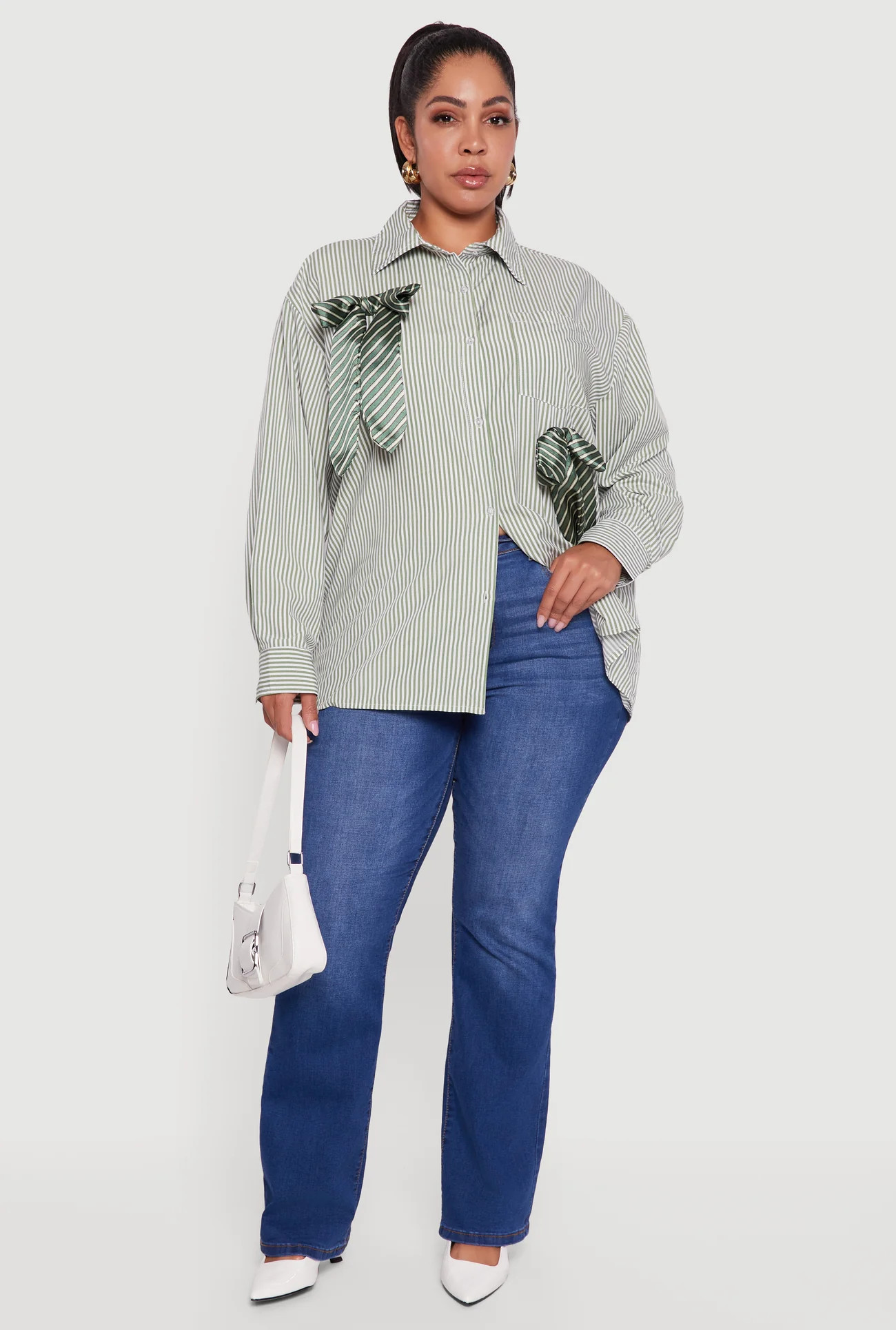 Plus Size Striped Bow Detail Button Down Shirt | Rainbow Shops