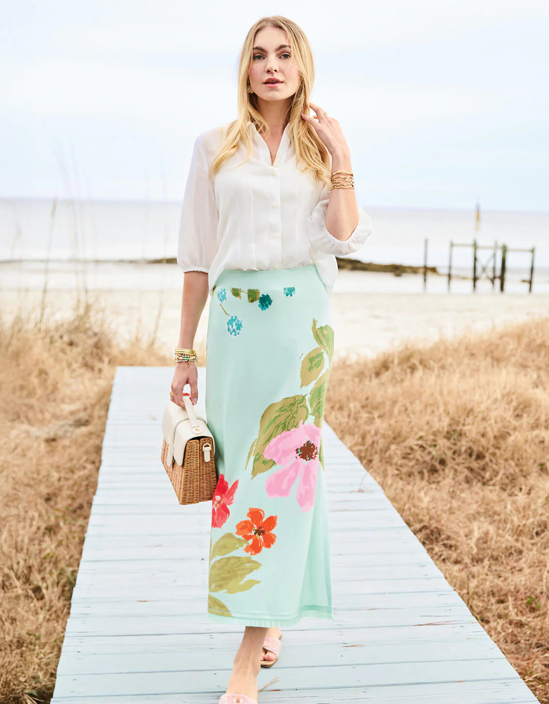 Jersey Midi Skirt Seawall Blooms Seafoam | Spartina 449