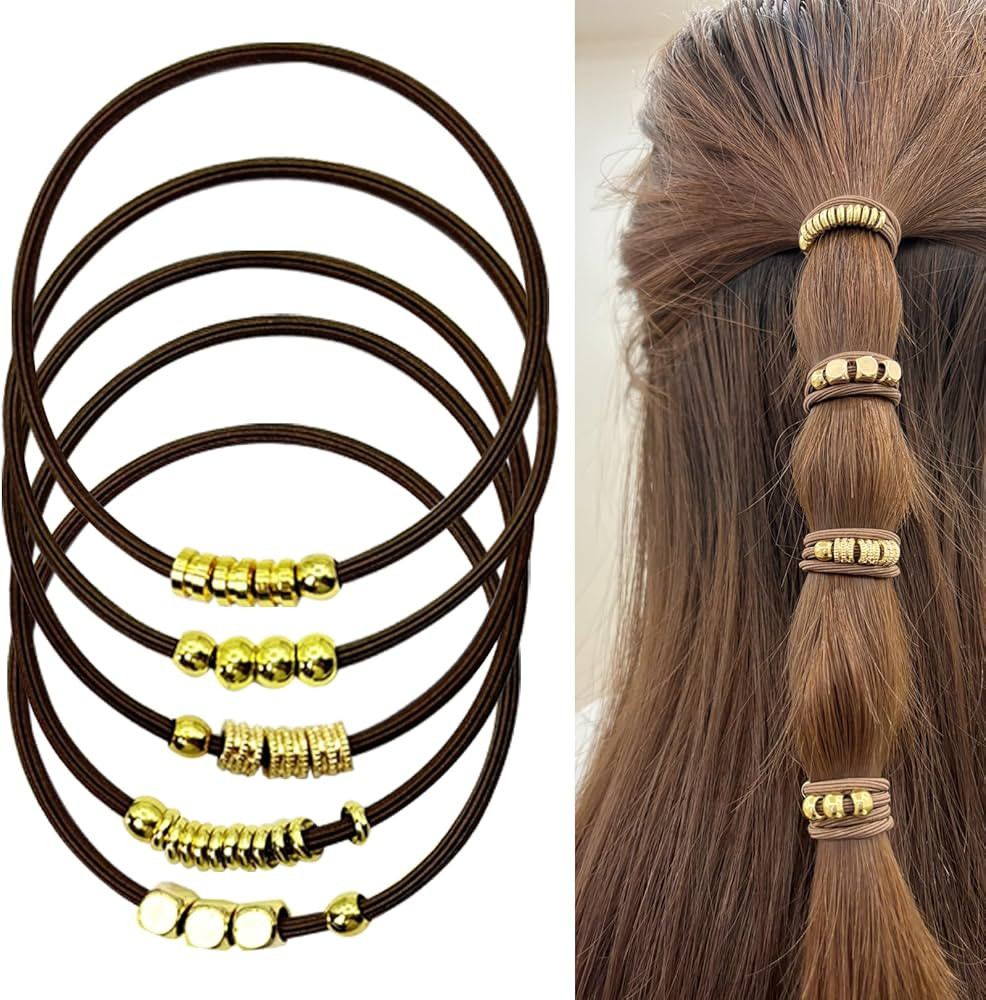 Brown Elastic Pony Tail Hair Tie Bracelet for Women, Cute Ponytail Holders Bracelets with Gold Me... | Amazon (US)