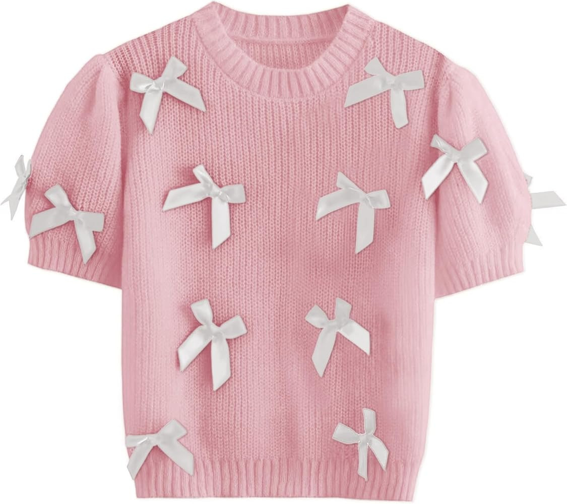 Women's Sweaters Knitted O-Neck Puff Short Sleeve Pullover Tops Casual Bow Knitwear T Shirts Blou... | Amazon (US)
