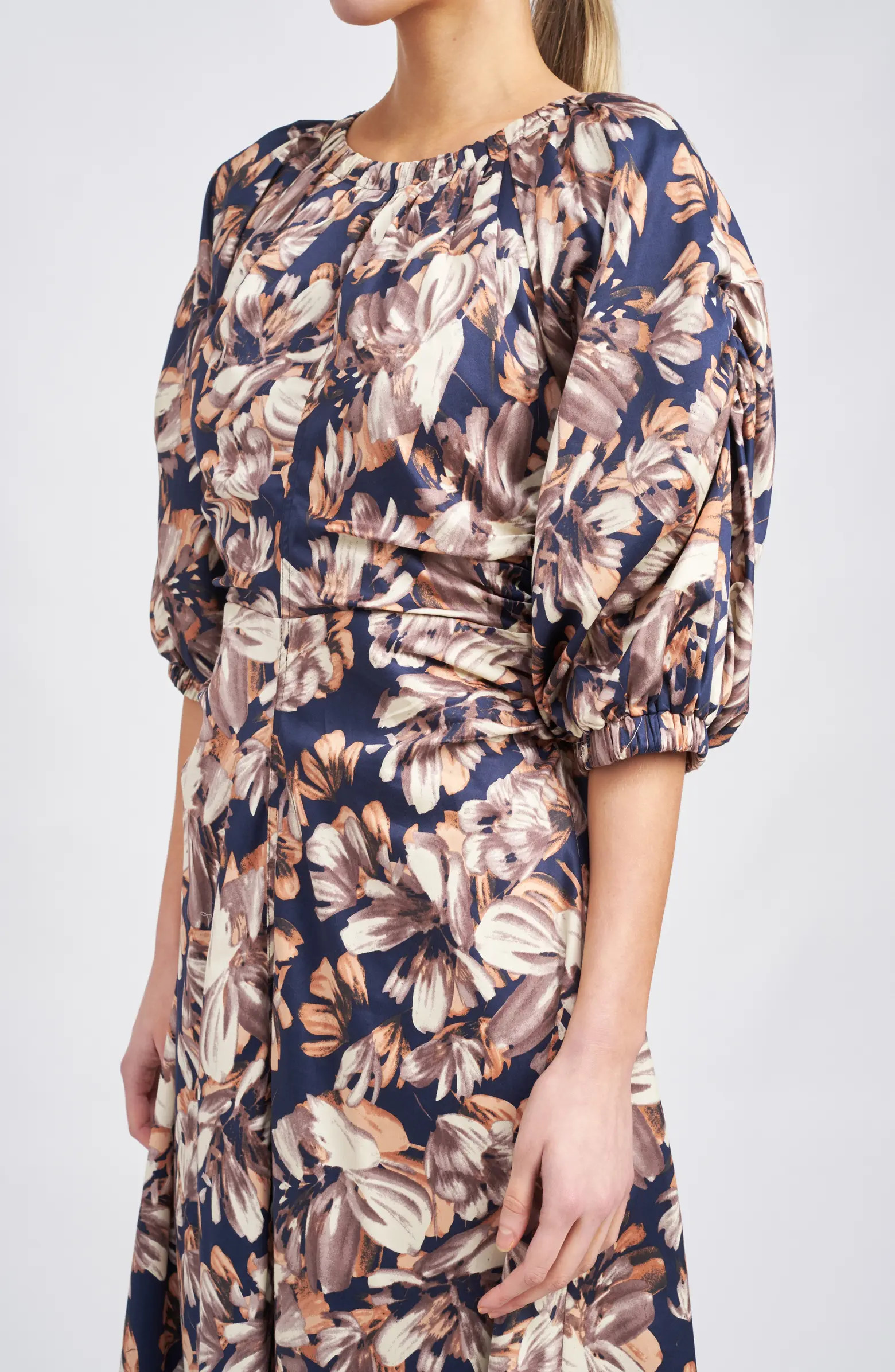 Abella Floral Puff Sleeve Midi A-Line Dress | Nordstrom