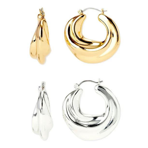 Scoop Womens 14K Gold Flash-Plated & Fine Silver-Plated Hoop Earring Duo, 2-Piece - Walmart.com | Walmart (US)