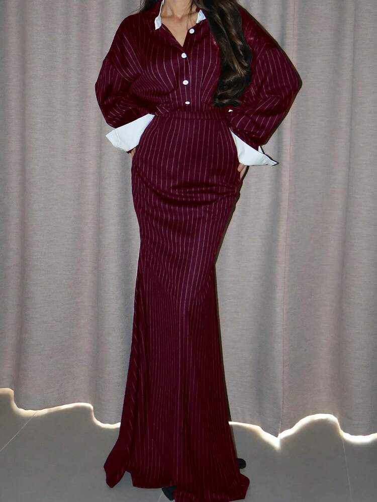 Women's Elegant Striped Blouse & Solid Color A-Line Skirt Set, Striped Casual Outfit For Spring/Autumn | SHEIN