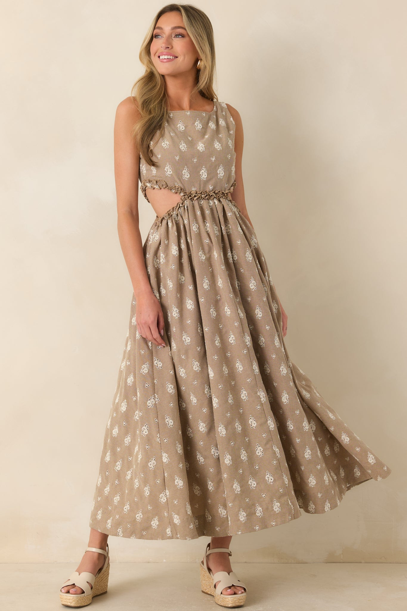 FRNCH Stellaria Brown Cotton Floral Eyelet Cut-Out Maxi Dress | Red Dress