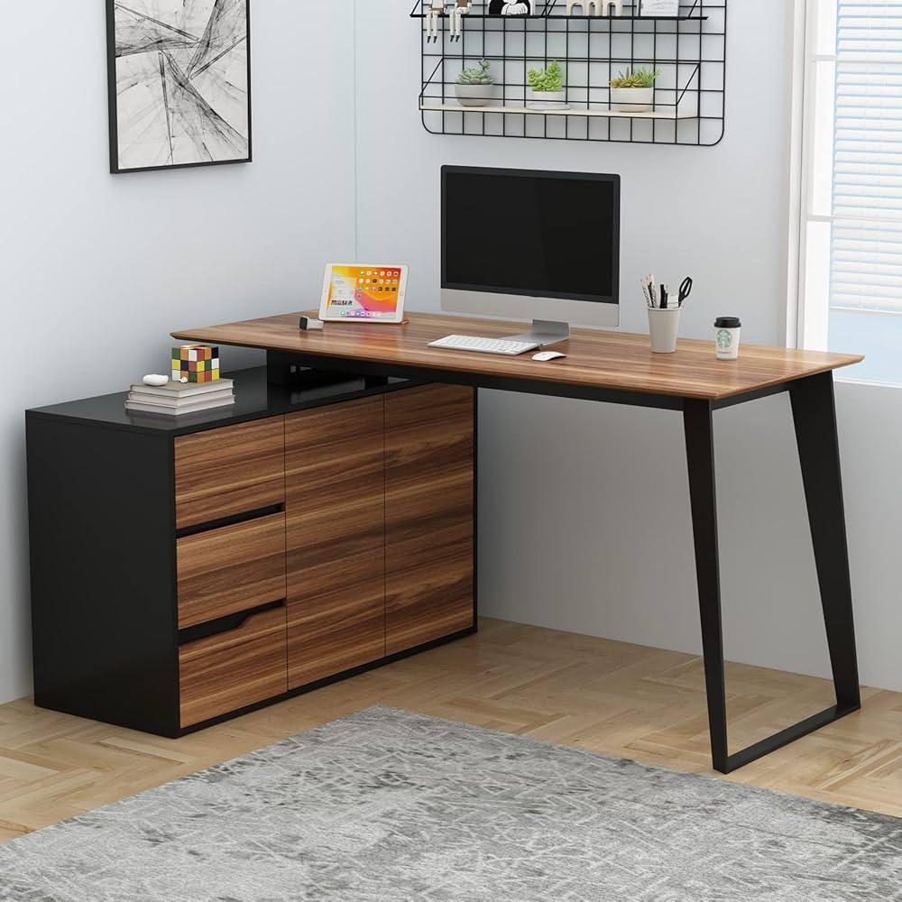 Homsee Home Office Computer Desk Corner Desk with 3 Drawers, 2 Shelves & 2 Doors, 55 Inch Large L... | Amazon (US)