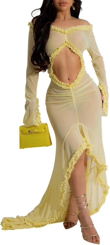 CXINS Women Sexy See Through V Neck Maxi Dress Cut Out Ruffle Long Sleeve Ruffle Club High Low Ru... | Amazon (US)
