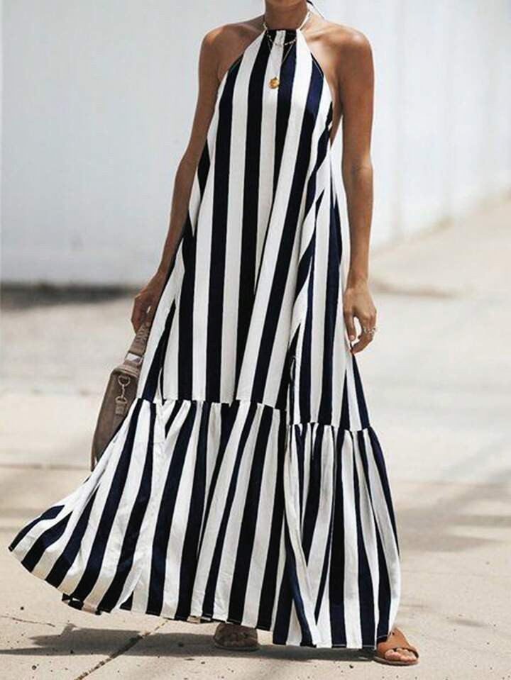SHEIN Essnce Women's Off-Shoulder Striped Dress With Neck-Tie And Ruffle Hem | SHEIN USA | SHEIN