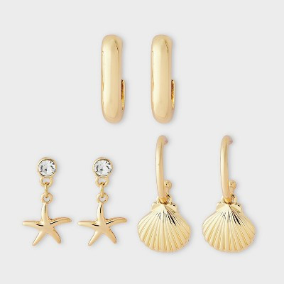 Starfish Shell & Charm Hoop Earring 3pc Set - A New Day™ Gold | Target