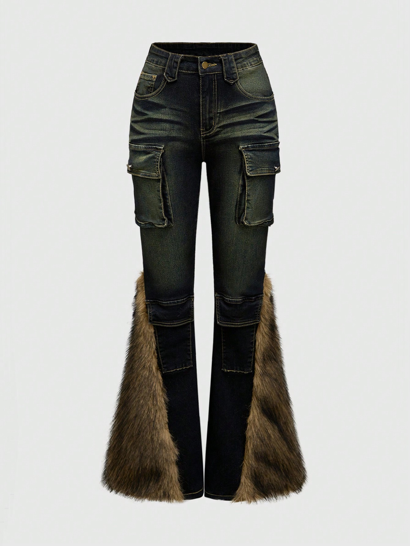 ROMWE Grunge Punk Y2K Subculture Harajuku Style Vintage Sexy Raw Hem 3D Pocket Skinny Flare Leg J... | SHEIN
