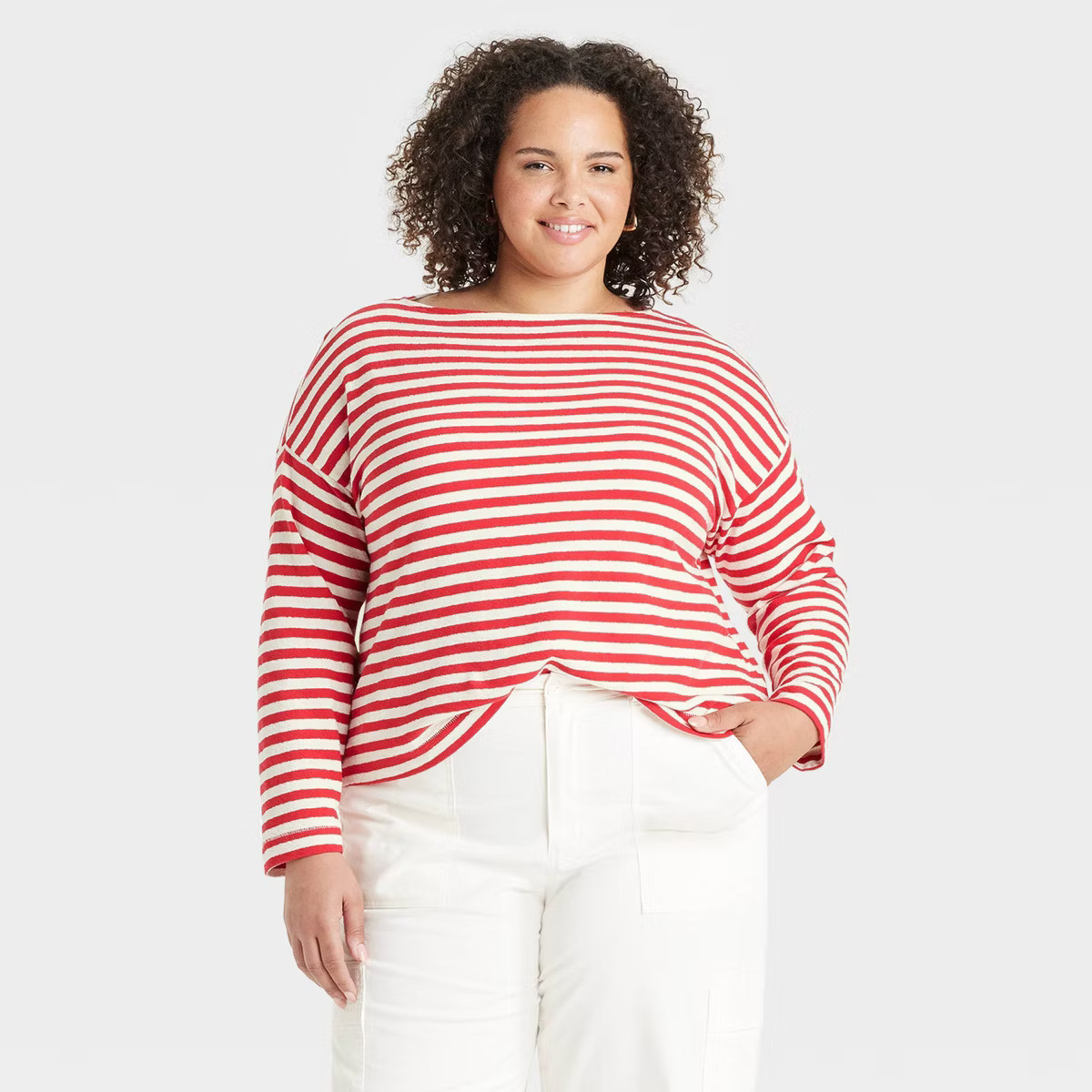 Women's Long Sleeve Boat Neck T-Shirt - Universal Thread™ Red Striped XXL | Target