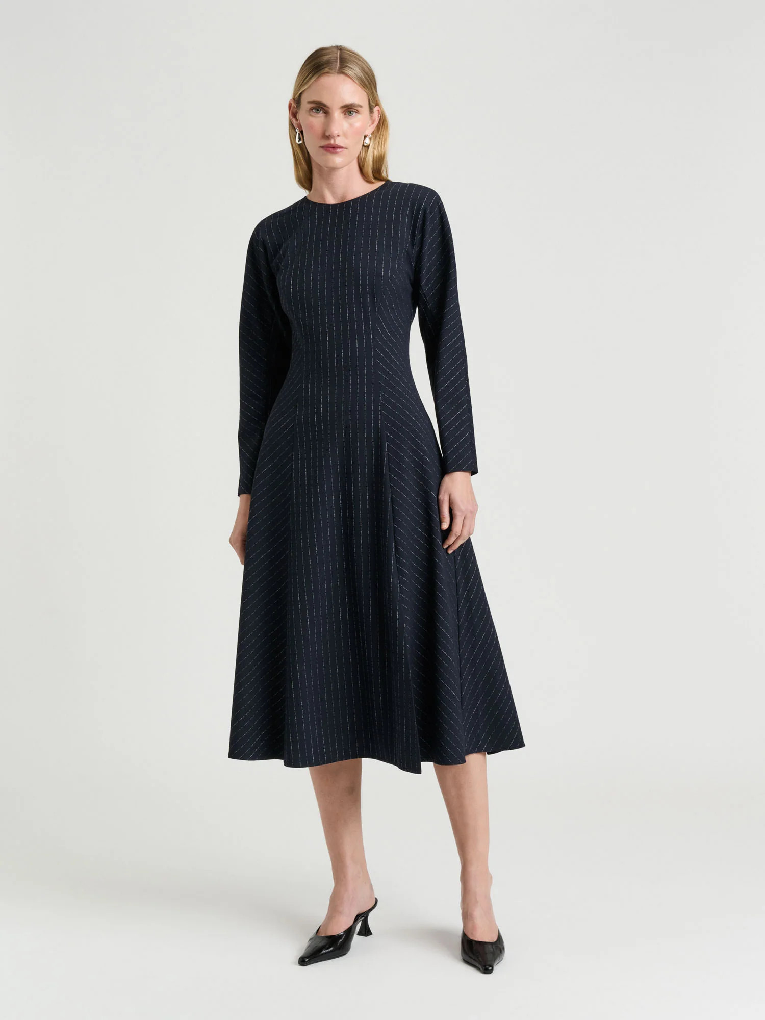 NAVY PINSTRIPE PANELLED MIDI DRESS | Veronika Maine AU