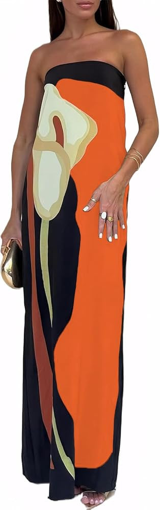 Zwirelz Women Strapless Maxi Dress Boho Floral Print Flowy Long Tube Dress Off Shoulder Loose Bea... | Amazon (US)