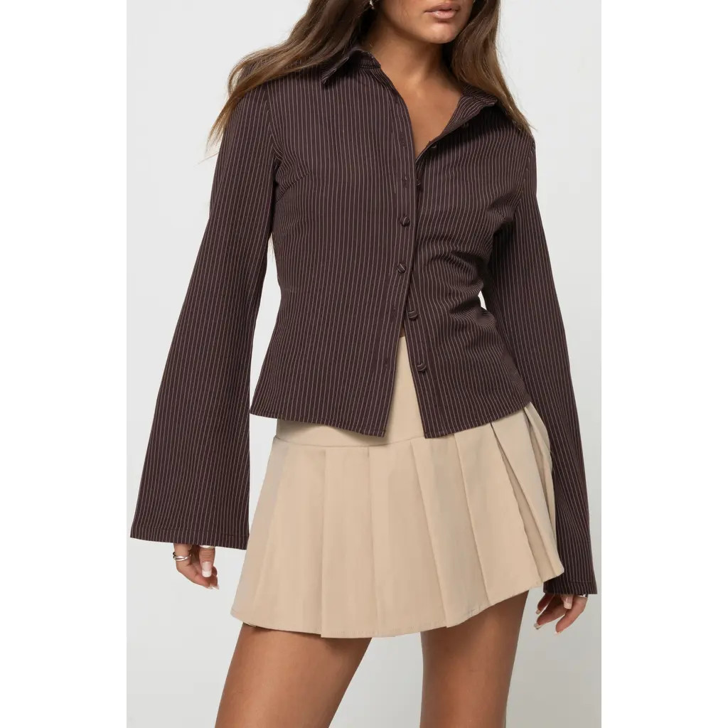 Princess Polly Anni Pinstripe Button-Up Shirt in Brown at Nordstrom, Size 0 | Nordstrom