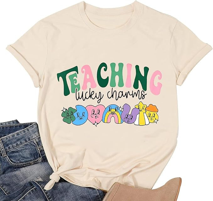 St Patricks Day Teacher Shirt for Women Teaching Lucky Charms T-Shirt Casual Lucky Irish Shamrock... | Amazon (US)