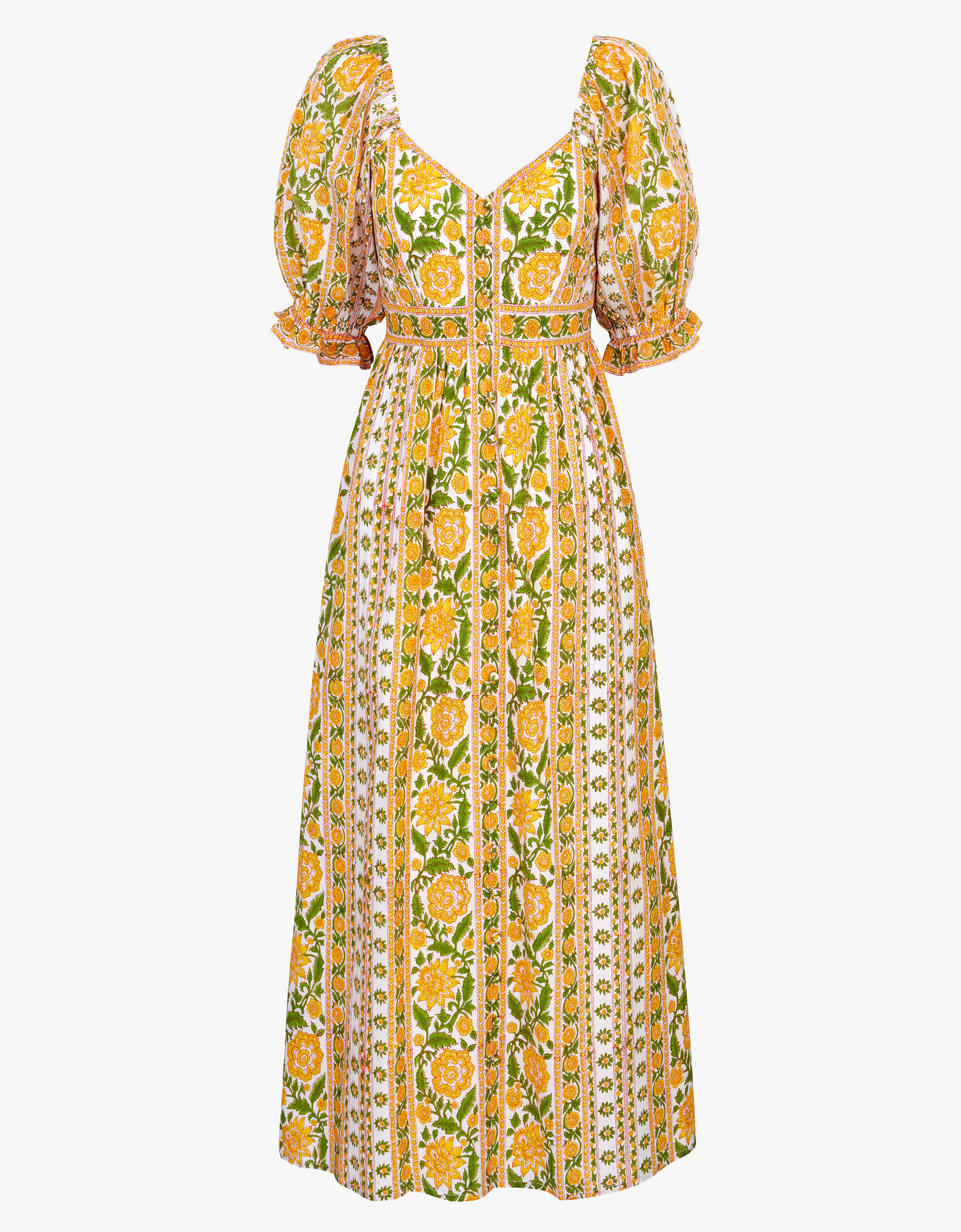 Maree Dress | Yellow & Green Floral Midi | Block Print Cotton | Pink City Prints UK