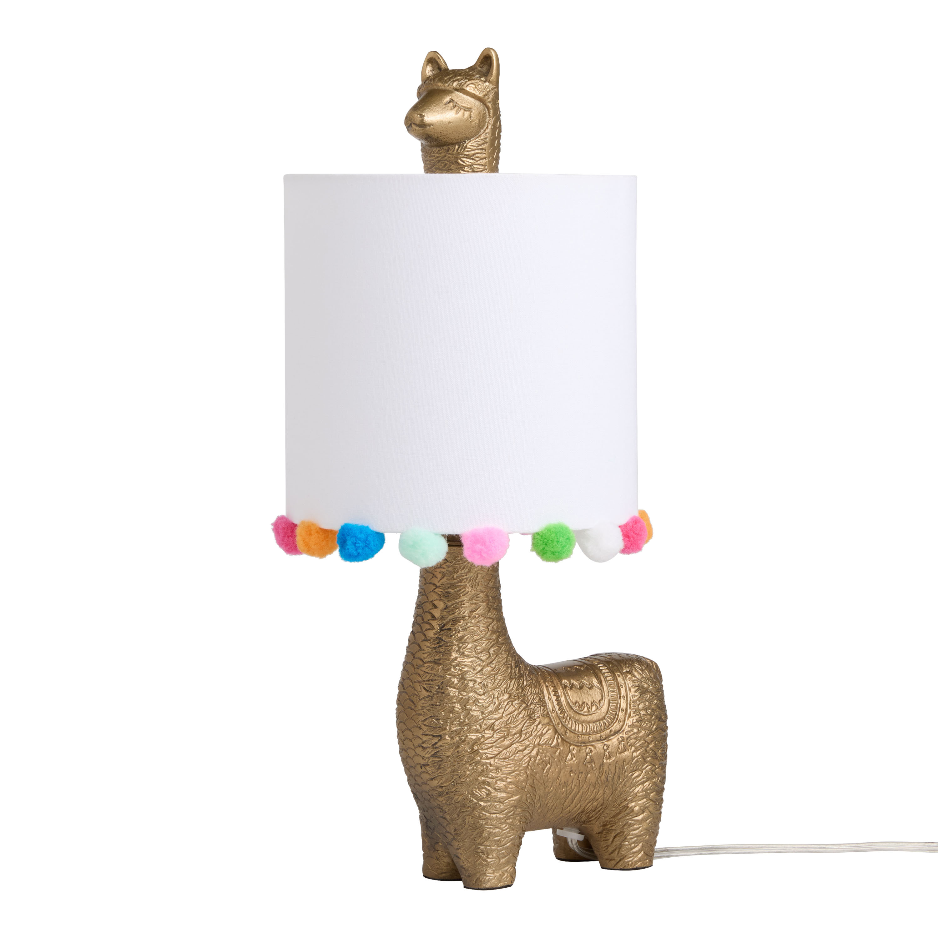 Golden Brass Metal Llama Shaped Pom-Pom Shade Table Lamp | World Market