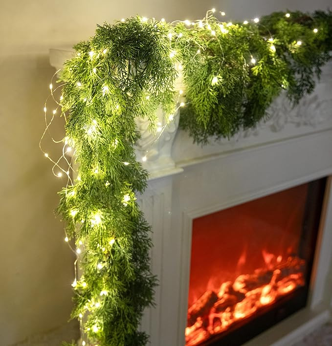 6FT Christmas Garland PARTY JOY Cedar Garland with 9.8FT LED String Lights, Greenery Plant for Ch... | Amazon (US)