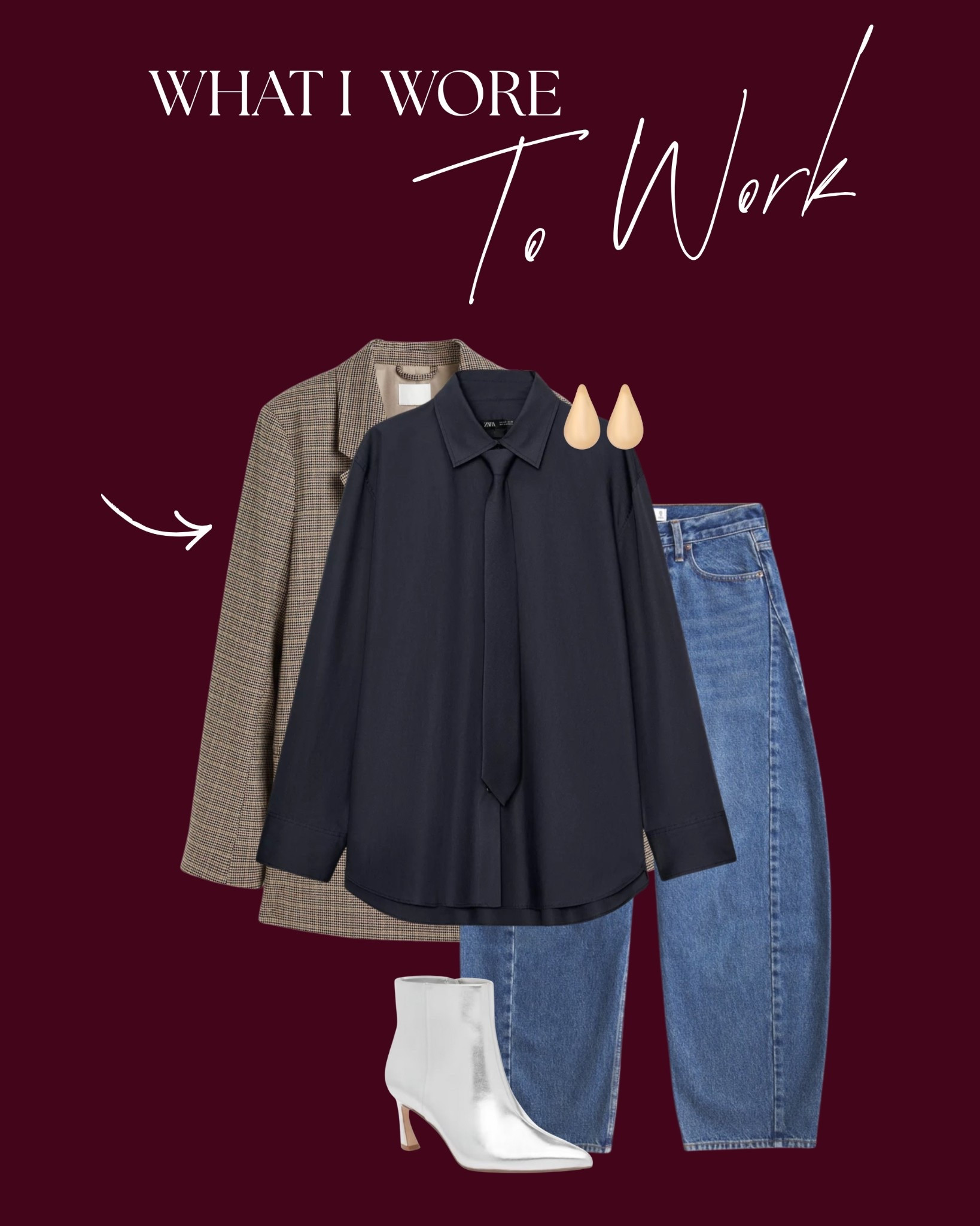Classic plaid blazer paired with a navy neck tie button down and barrel jeans. Top from Zara. Finally, sporting my new silver booties and oversized Bottega dupe earrings. 

#LTKootd #LTKWorkwear #LTKMidsize