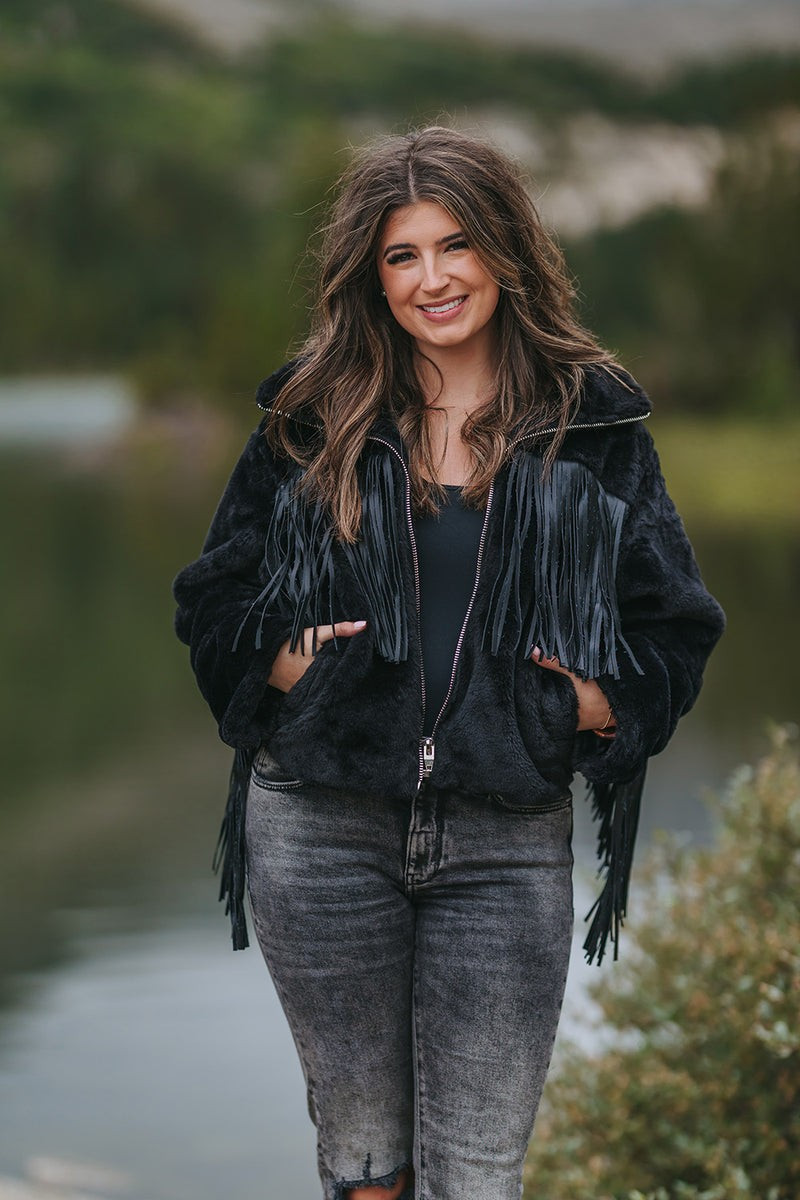 BuddyLove | Skylar Fringe Faux Fur Jacket | Black | BuddyLove