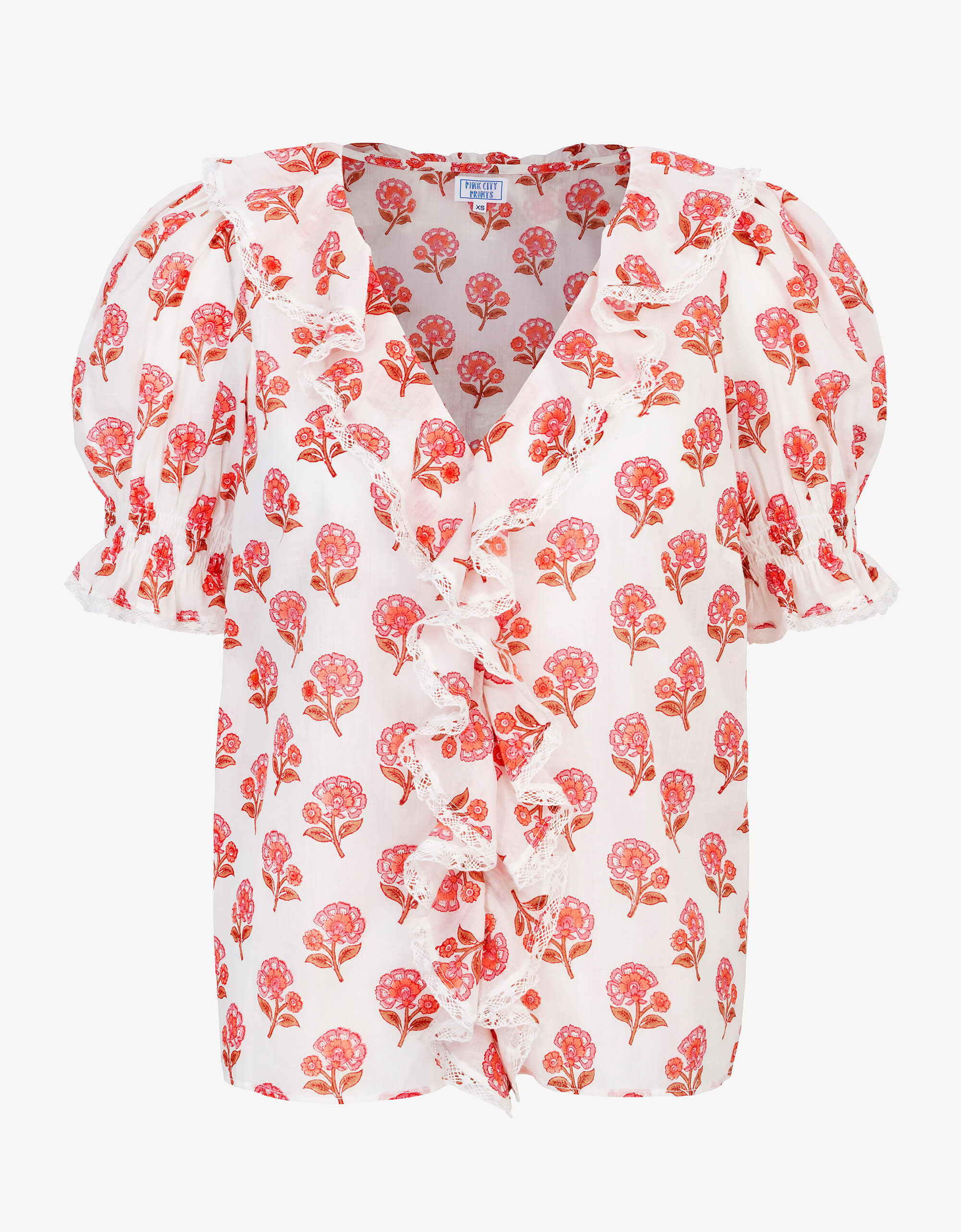 Rosie Blouse | Brown, Pink & White Floral Top | Block Print Cotton | Pink City Prints UK