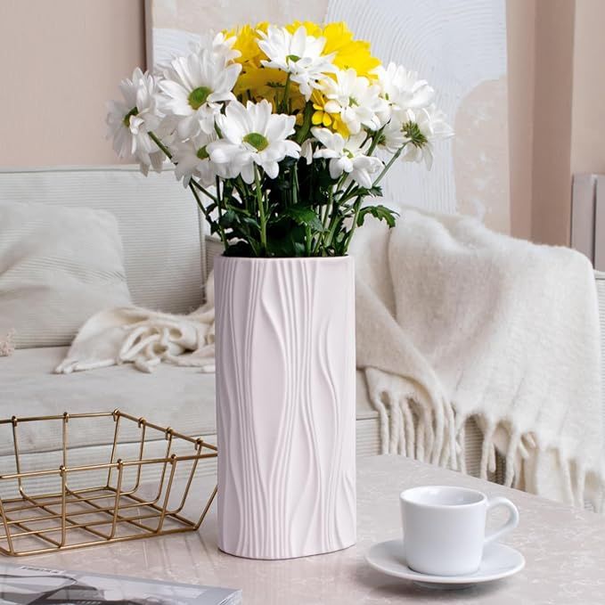 Light Pink Tulip Vase - Large Ceramic Wavy Vase for Bouquet - Modern Light Pink Flower Vase Livin... | Amazon (US)