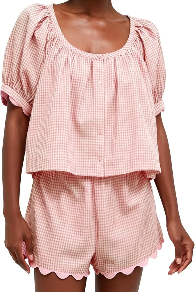 VAOYIU Two Piece Sets for Women Casual Summer Gingham Outfit Puff Sleeve Crew Neck Top Matching S... | Amazon (US)