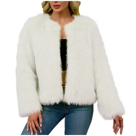 Nfurl Women's Faux Fur Short Jackets Winter Warm Fluffy Long Sleeve Open Front Cropped Jacket Cozy Outerwear Ladies Going Out Coats White S | Walmart (US)