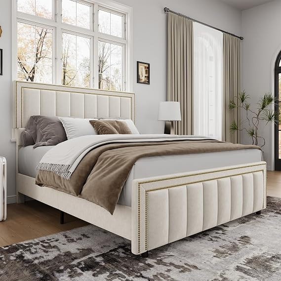 BarnFurin Queen Bed Frame with 50" Tall Headboard and Footboard, Chenille Upholstered Platform Be... | Amazon (US)