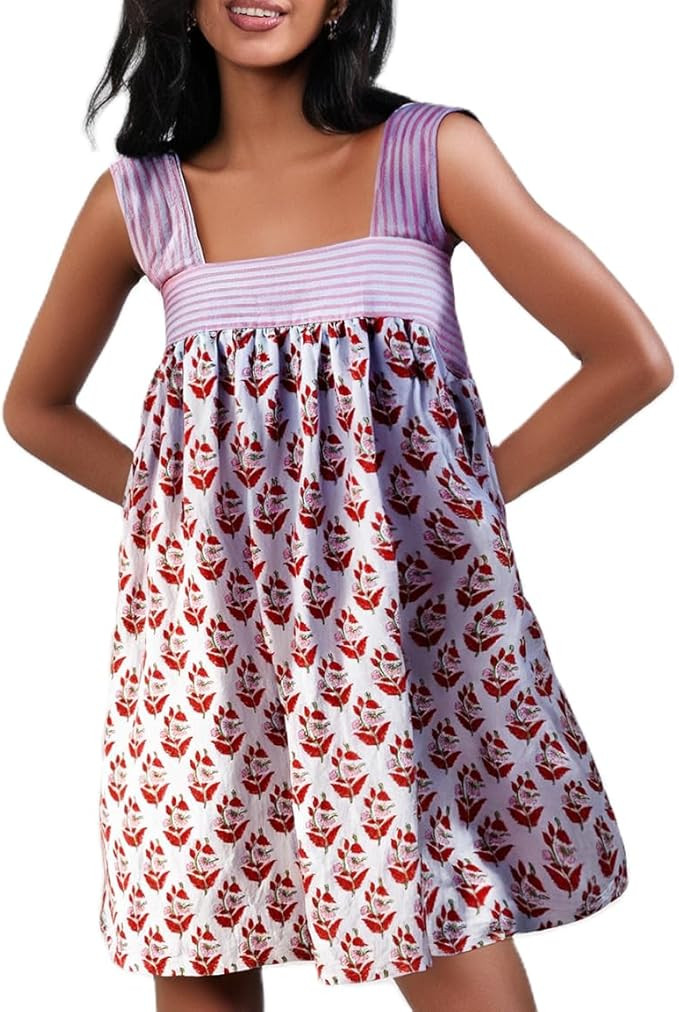 Women Floral Tie Shoulder Mini Dress Cute Square Neck Loose Fit Beach Short Dress Backless Boho V... | Amazon (US)