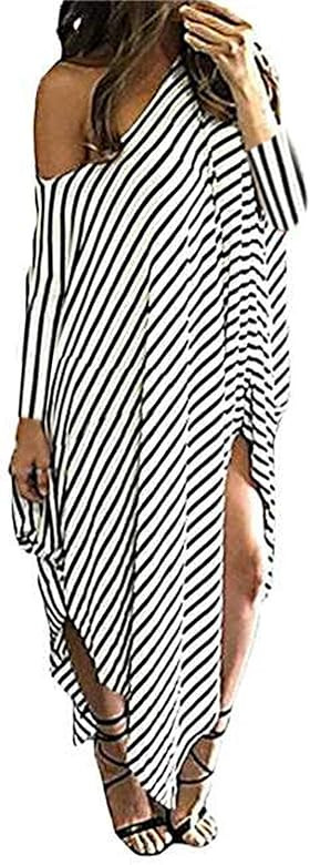 Kidsform Women Maxi Dress Striped Long Dresses Casual Loose Kaftan Oversized Round Neck Sundress | Amazon (US)