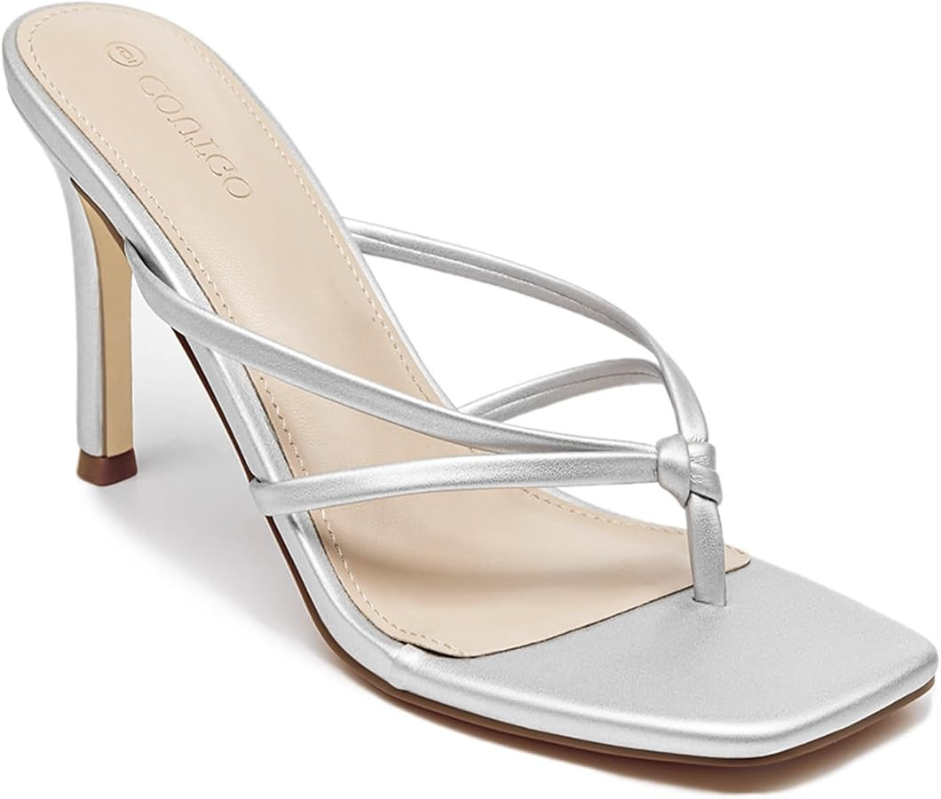 Coutgo Womens Strappy Heeded Sandals Square Toe Flip Flops Fashion Stiletto Thong Slip On Sandals | Amazon (US)