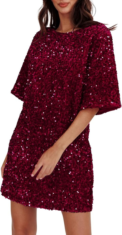 R.Vivimos Women's Sparkly Sequin Party Dress Fall Winter Short Sleeve Crew Neck Velvet Loose Eleg... | Amazon (US)