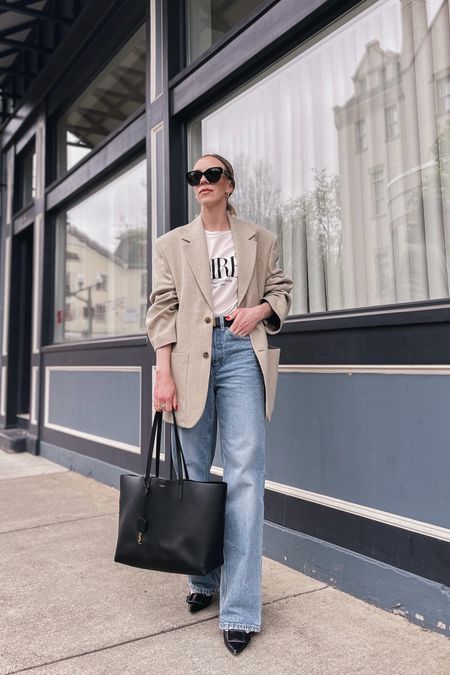 Oversized blazer outfit, graphic tee, wide leg jeans, YSL tote bag, style over 40

#LTKitbag #LTKover40 #LTKfindsunder50