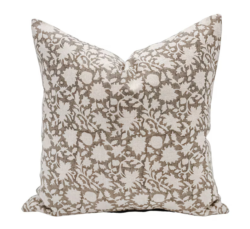 Designer Floral Soft Beige Grey on Natural Linen Pillow Cover - Etsy | Etsy (US)