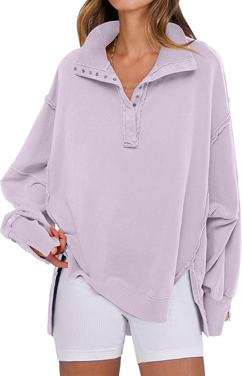 ANRABESS Women's Sweatshirts Oversized Casual Loose Button Up Henley Pullover Top High Low Split ... | Amazon (US)