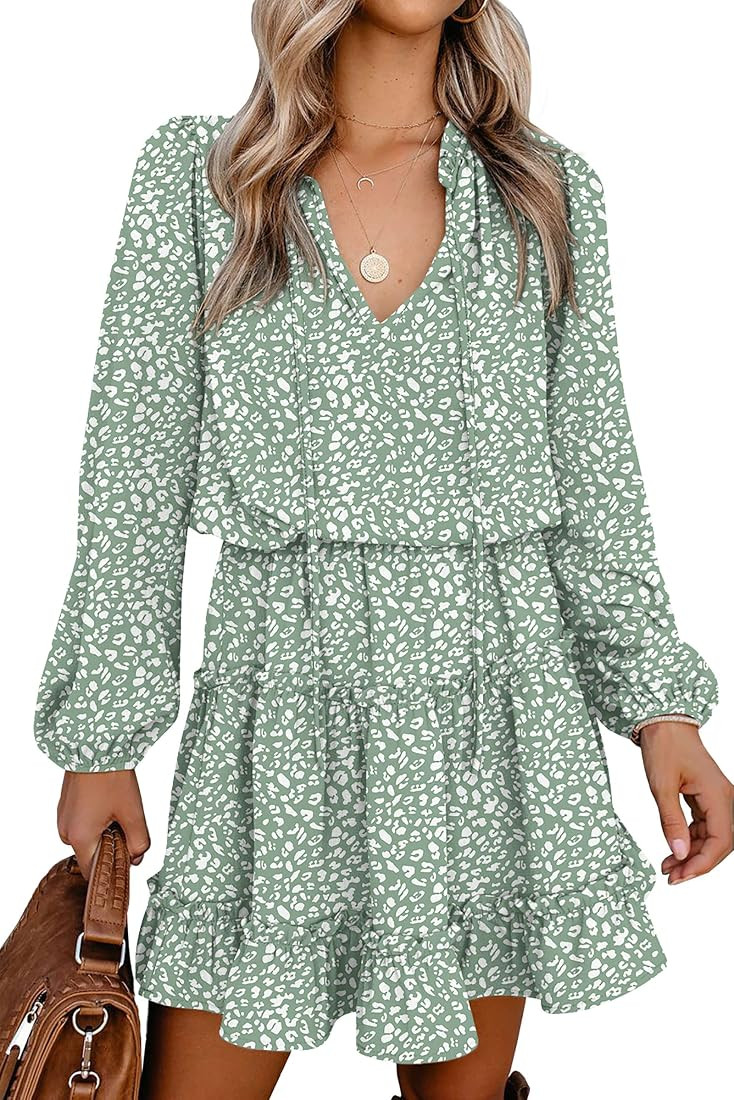 Women Casual Summer Fall Dresses Tie V Neck Long Sleeve High Waist Ruffle Tiered A Line Swing Tun... | Amazon (US)