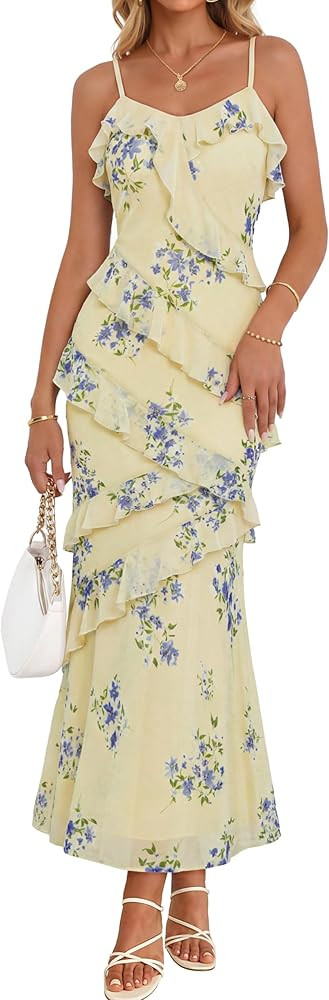 MEROKEETY Summer Floral Wedding Guest Maxi Dress Women 2026 Vacation Formal Bodycon Spaghetti Str... | Amazon (US)