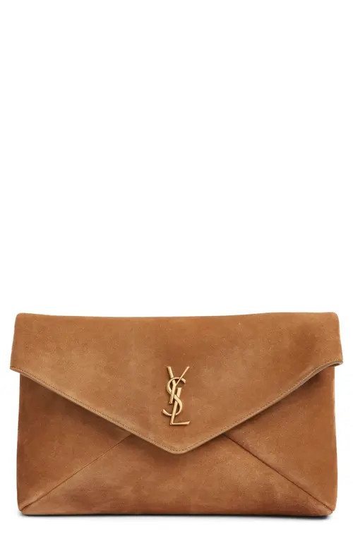 Saint Laurent Large Cassandre Suede Envelope Clutch in Golden Leaf at Nordstrom | Nordstrom