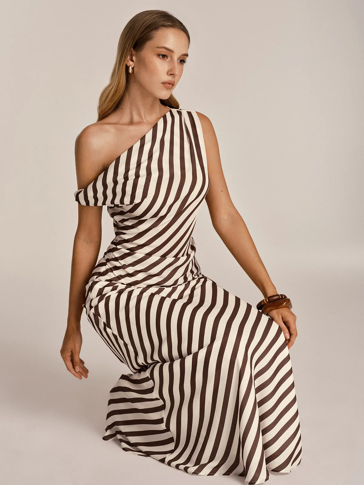 One Shoulder Striped Chiffon Maxi Dress | Commense