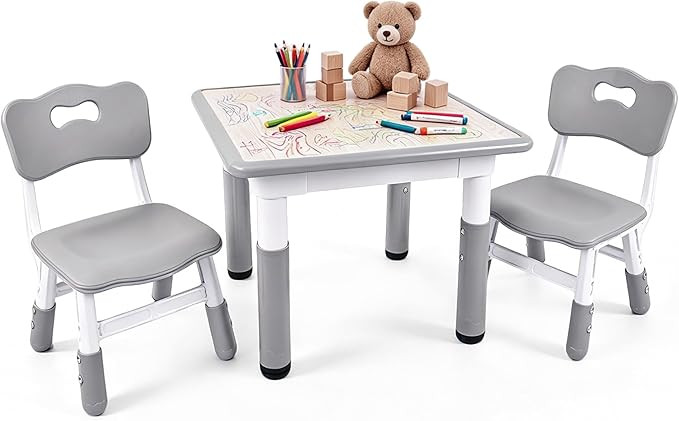Kids Table and Chairs Set - 23.6" L x 23.6" W Height Adjustable Toddler Desk, Non-Slip Toddler Ta... | Amazon (US)