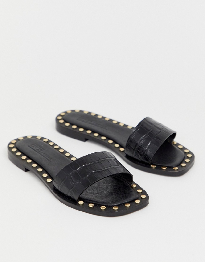 ASOS DESIGN Foxhill premium studded flat leather sandals-Black | ASOS (Global)