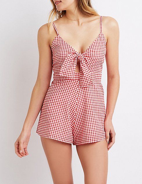 Gingham Bow Detailed Romper | Charlotte Russe