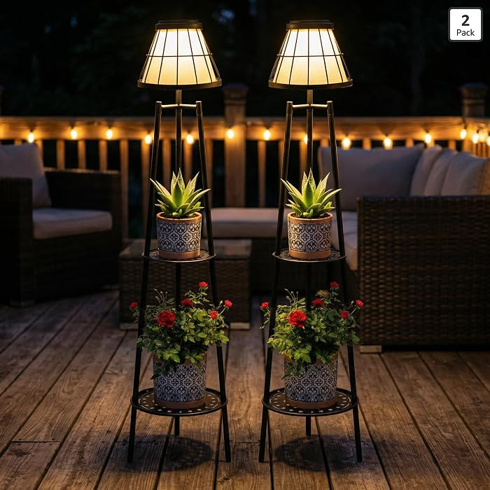 2 Pack Solar Lights with Plant Stands, 45.4'' Waterproof Outdoor Metal Solar Floor Lamps for Pati... | Amazon (US)