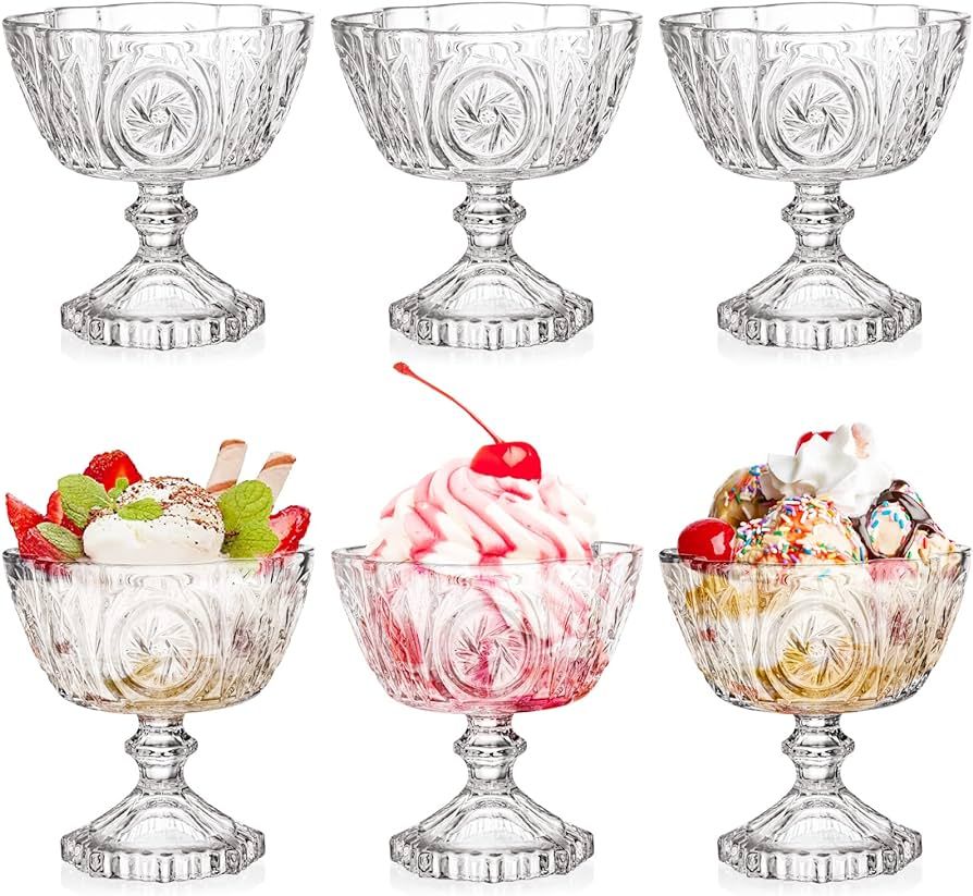 Set of 6 Glass Dessert Bowls, 10 Oz Vintage Ice Cream Sundae Cups, Lead-Free Footed Trifle Taster... | Amazon (US)