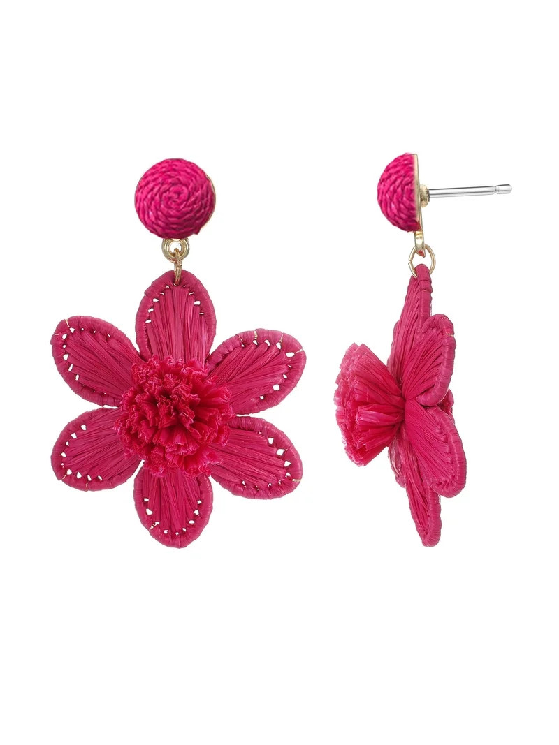 Time and Tru Women's Magenta Raffia Flower Earrings, 1 Pair | Walmart (US)