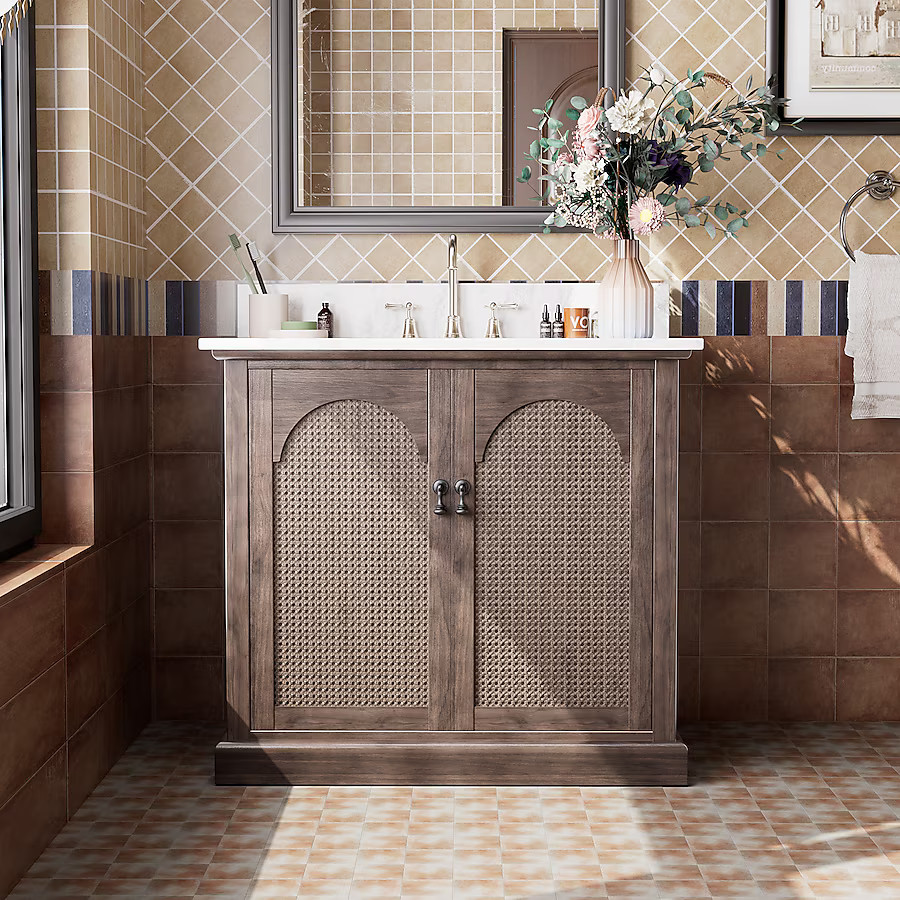 JEAREY Bathroom vanties with top 36-in Brown Single Sink Bathroom Vanity with White Ceramic Top L... | Lowe's